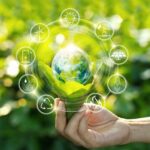 Hand holding light bulb against nature on green leaf with icons energy sources for renewable, sustainable development. Ecology concept. Elements of this image furnished by NASA.