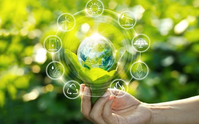 Hand holding light bulb against nature on green leaf with icons energy sources for renewable, sustainable development. Ecology concept. Elements of this image furnished by NASA.