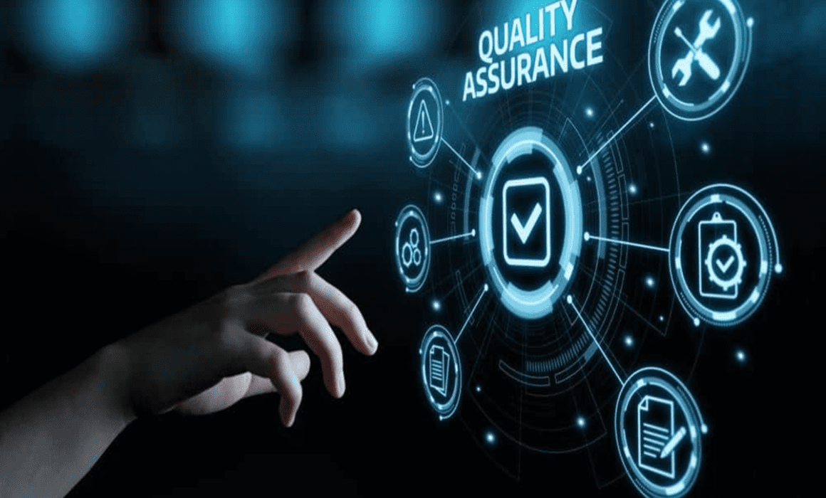 Digital screen entitled Quality Assurance with relevant icons, such as tools, a hazard warning, cogs turning, paperwork and a tick