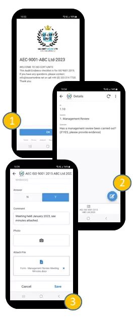 Image of three separate mobile phone screens, showing what a user of the ISO-Cert Unite app would experience.