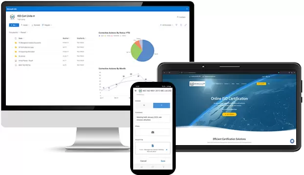 Image of computer screen, tablet screen and mobile phone screen featuring ISO-Cert Online Ltd content